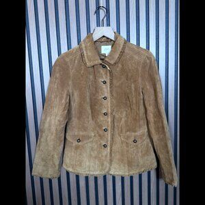 J Jill Leather Jacket XS Womens Beige Suede 100% Genuine Bead Notch Ruffle Trim